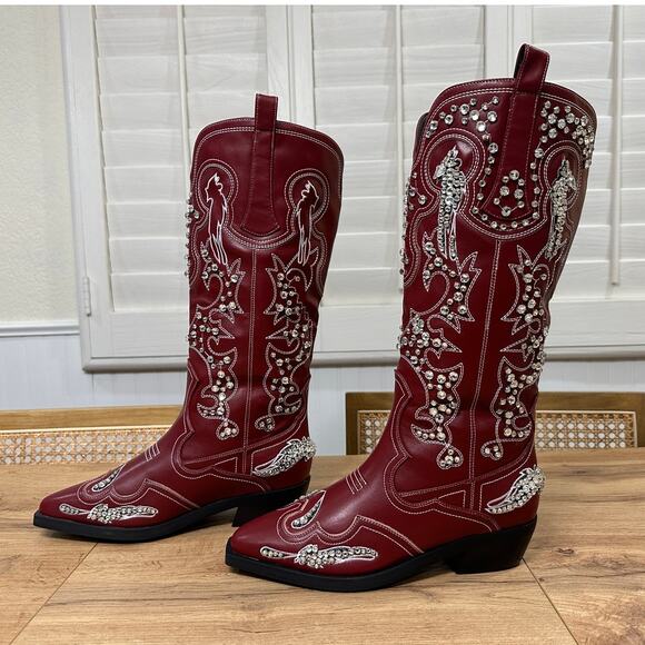 Azalea Wang Maisie Embellished Western Boot Red Faux Leather 8.5 NWOB Crystals - Picture 4 of 16